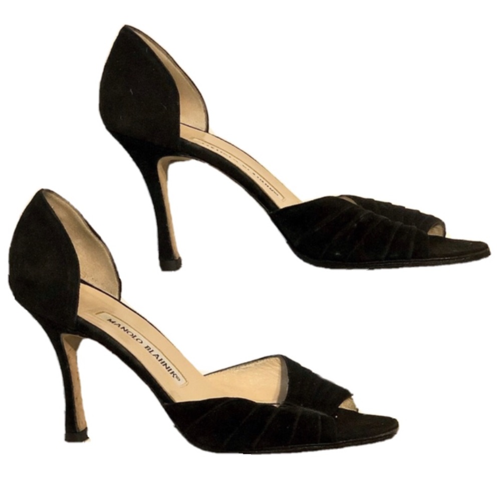 Manolo Blahnik Black Suede Open Toe Heels Sz 36.5
